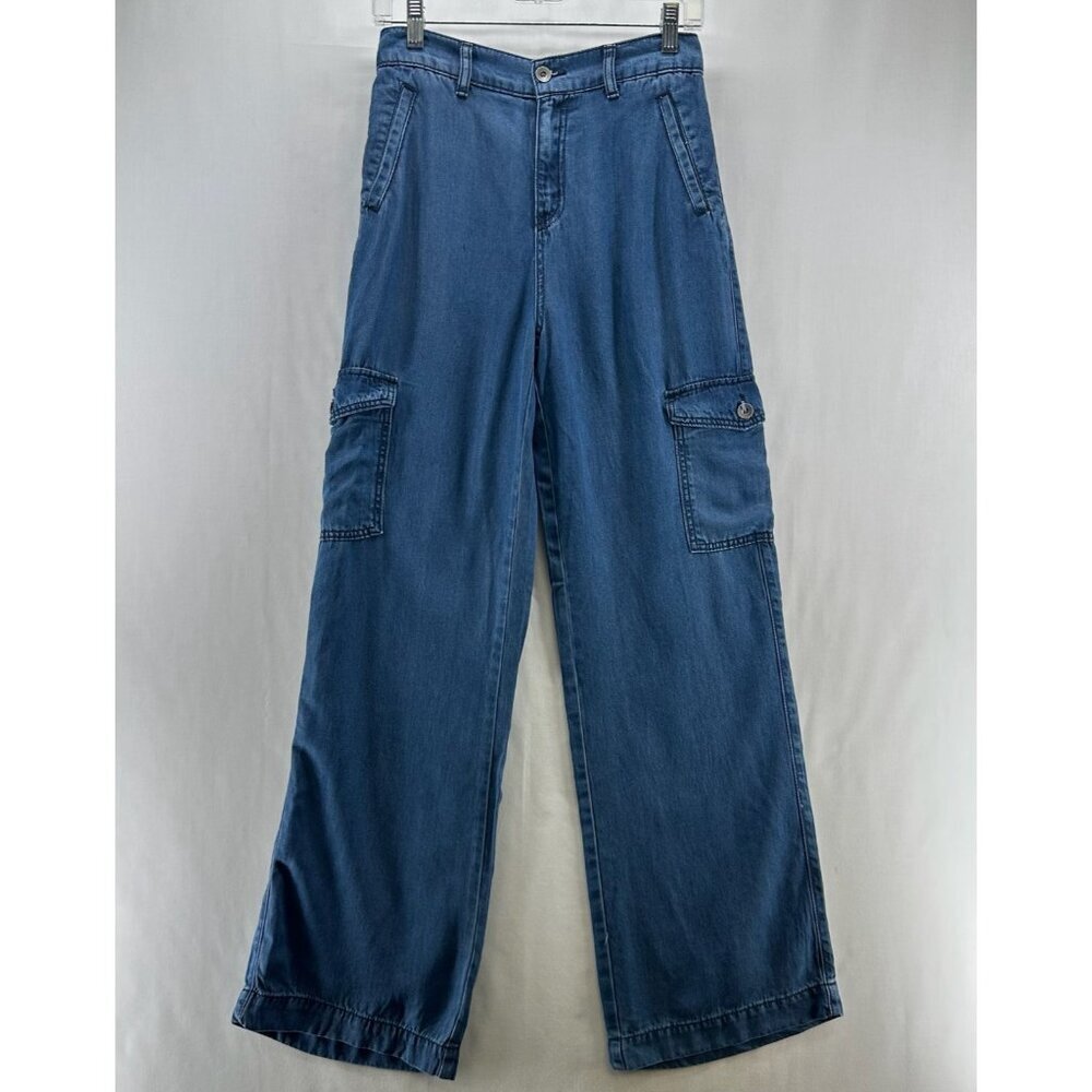 Happily Grey Pants Womens Sz 1/25 Baggy Wide Leg Cargo Denim Lyocell Blue